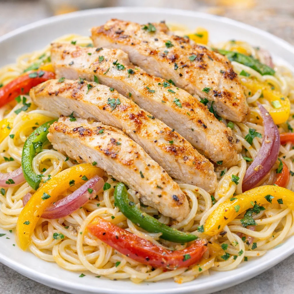 Delicious Olive Garden Chicken Scampi with pasta, chicken, bell peppers, and creamy sauce.