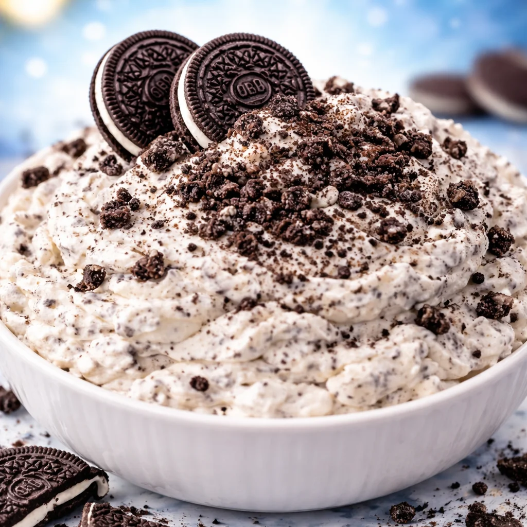 Delicious Oreo Fluff dessert made with crushed Oreos and vanilla pudding.