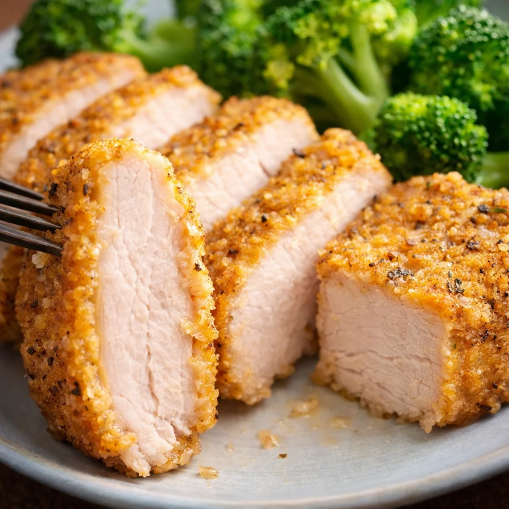 Crispy Parmesan Crusted Pork Chops served with herbs and spices.