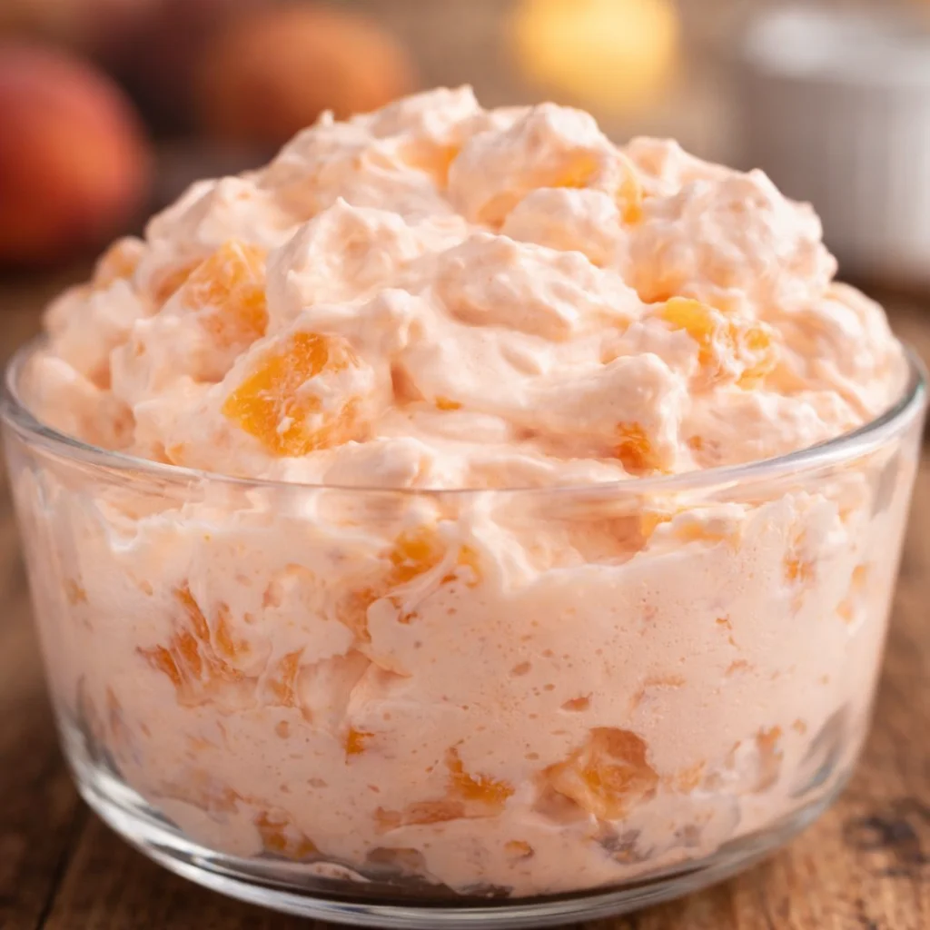 Delicious Peach Fluff salad made with creamy pudding, canned peaches, and marshmallows.