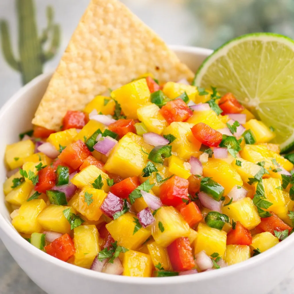 Bowl of vibrant Pineapple Mango Salsa with fresh ingredients including mango, pineapple, and cilantro.