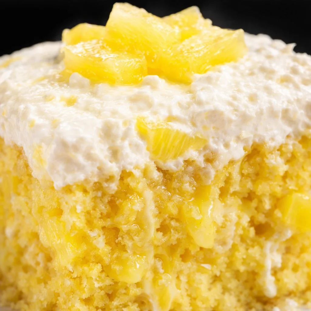 Delicious Pineapple Poke Cake topped with whipped cream and crushed pineapple.