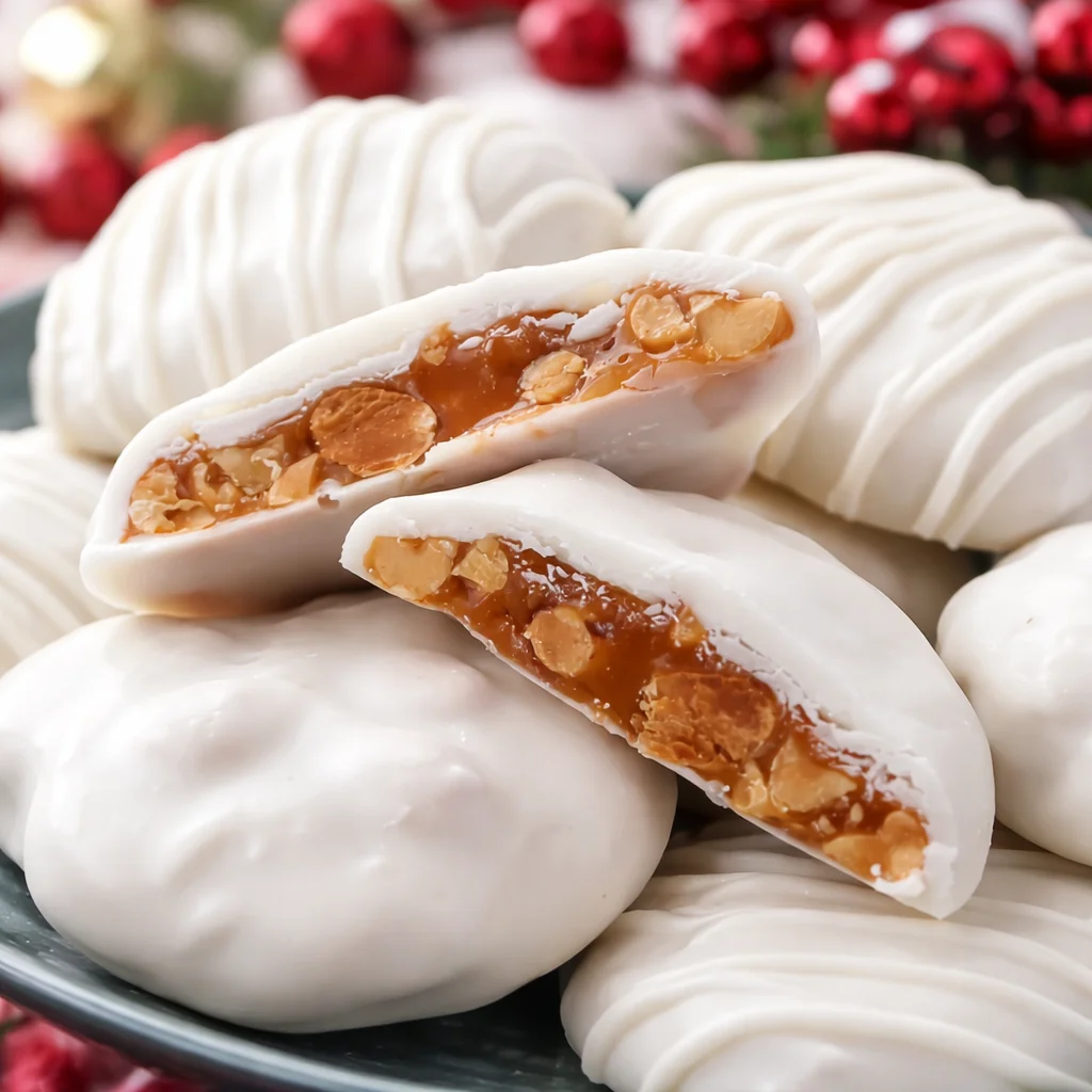 Homemade Polar Bear Paws Candy with caramel, peanuts, and white chocolate coating.