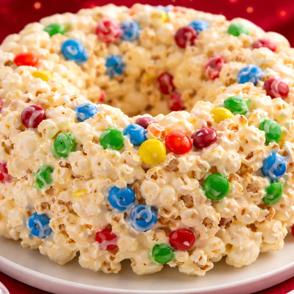 Colorful no-bake Popcorn Cake filled with marshmallows and M&Ms, perfect for parties.