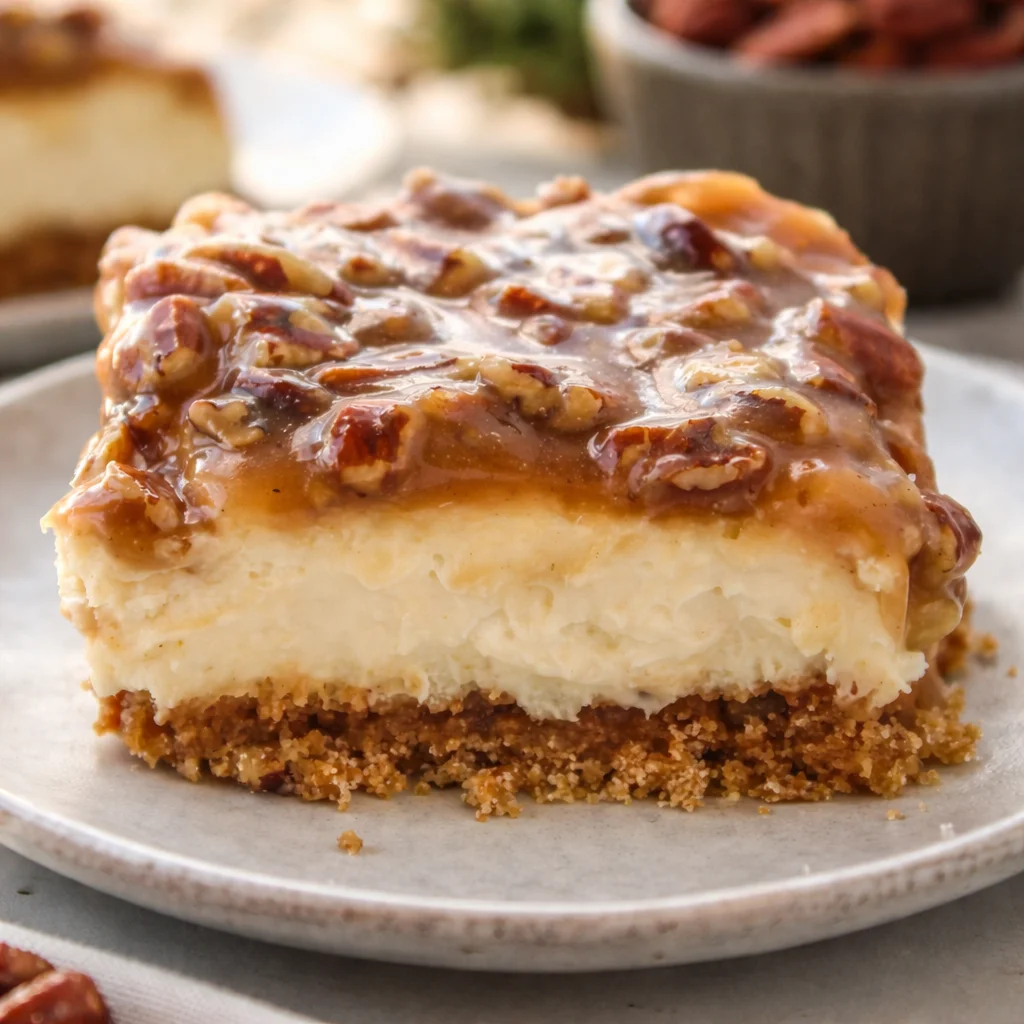 Delicious praline caramel cheesecake topped with creamy layers and crunchy pecans.
