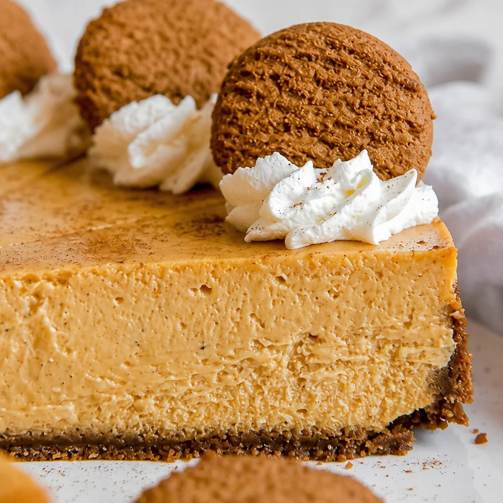 Delicious Pumpkin Cheesecake with Gingersnap Crust topped with whipped cream.