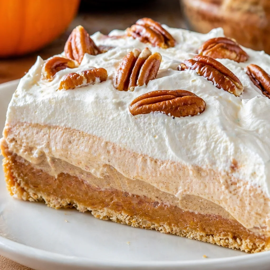 Delicious Pumpkin Spice Jello Pie topped with whipped cream and nuts