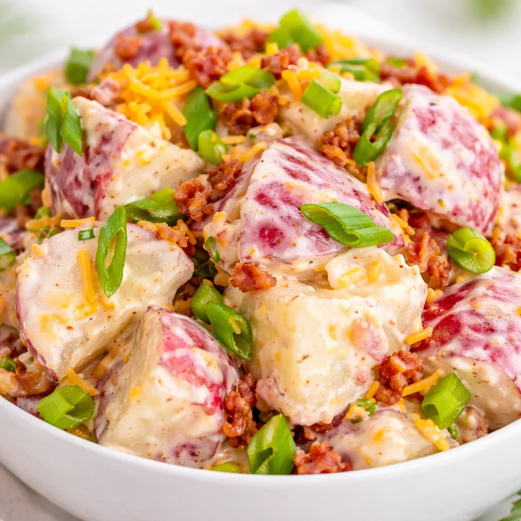 Creamy Ranch Potato Salad with red potatoes, bacon, and cheddar cheese.