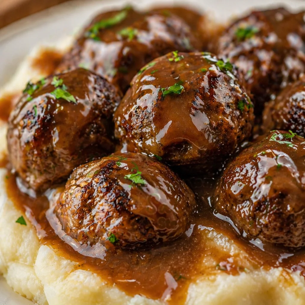 Tender Salisbury Steak Meatballs in rich onion gravy, served with egg noodles.