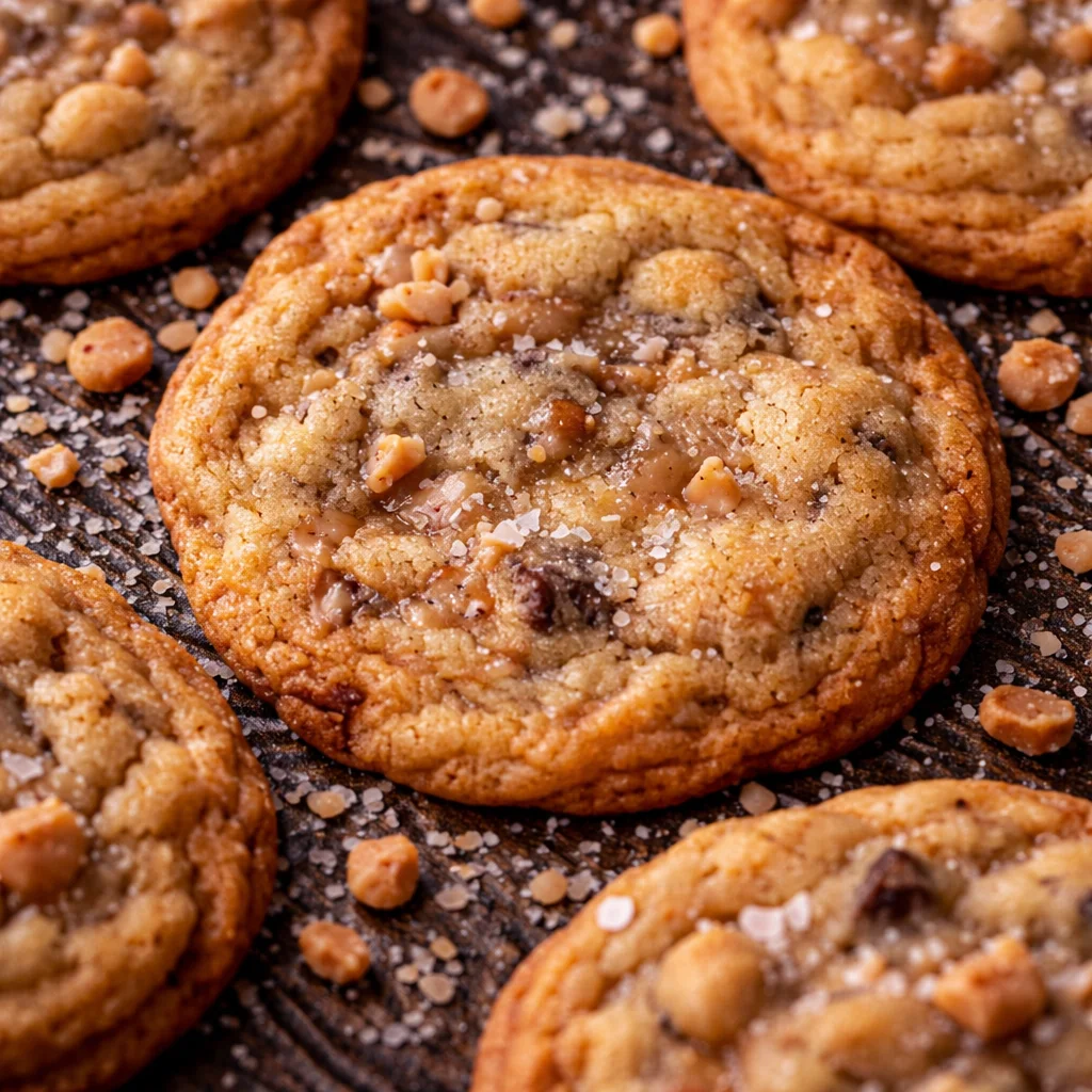 Plate of freshly baked Salted Toffee Oatmeal Cookies with a sprinkle of sea salt.