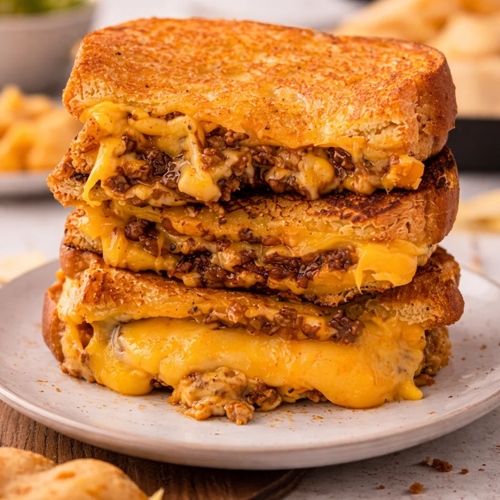 Delicious Sloppy Joe Grilled Cheese sandwich with melted cheese and ground beef on toasted bread.