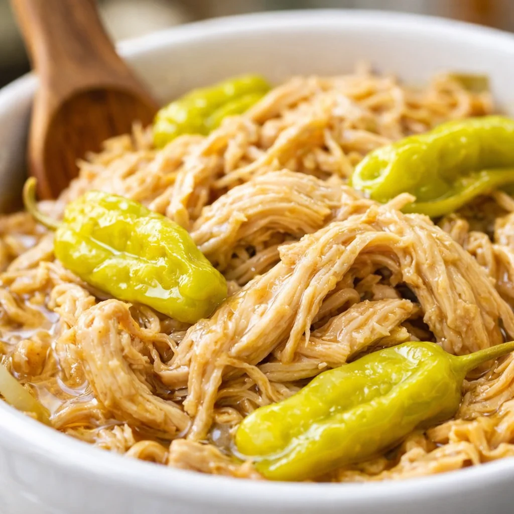Delicious Slow Cooker Mississippi Chicken with ranch seasoning and pepperoncini
