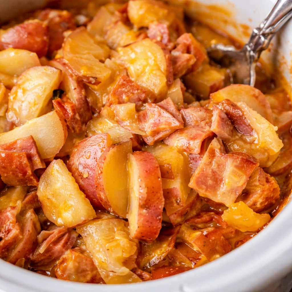 Creamy Slow Cooker Scalloped Potatoes and Ham dish served in a bowl.