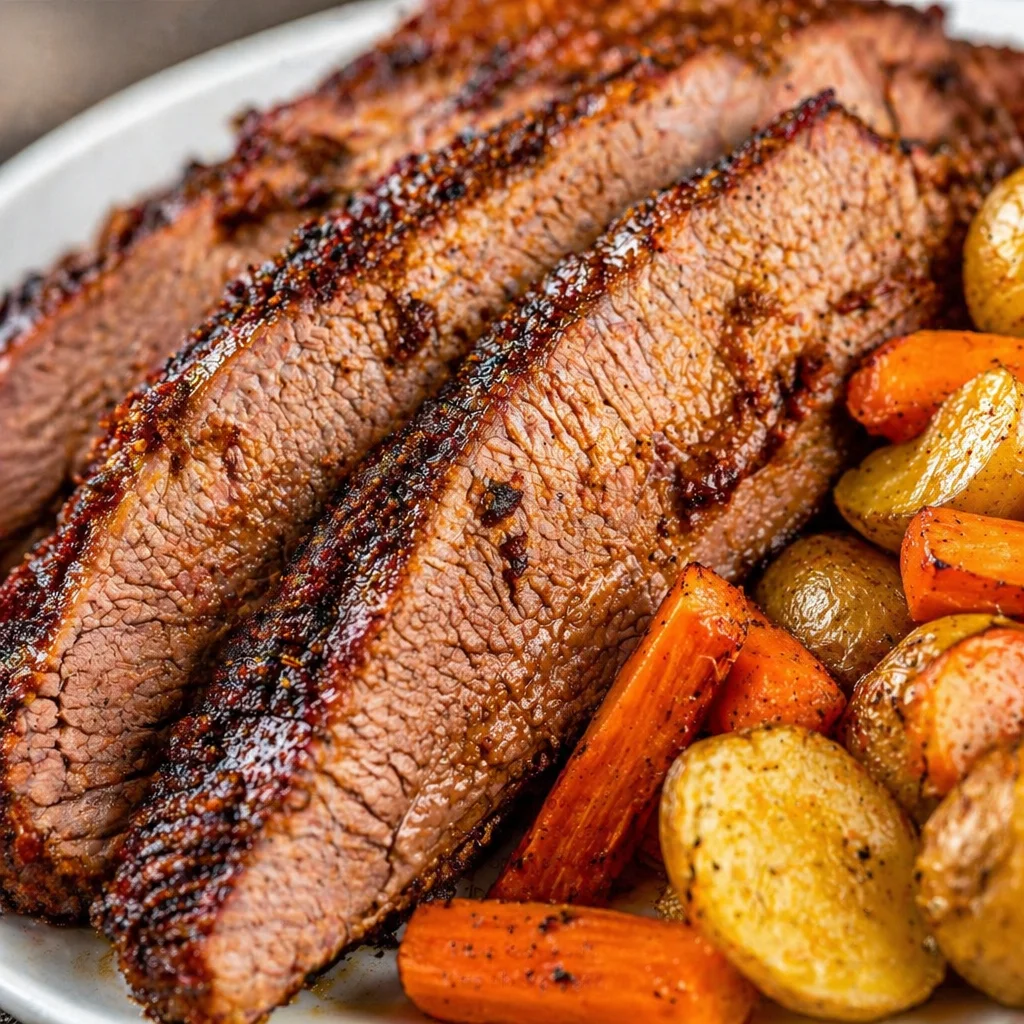 Oven baked slow cooking brisket with BBQ sauce and caramelized onions