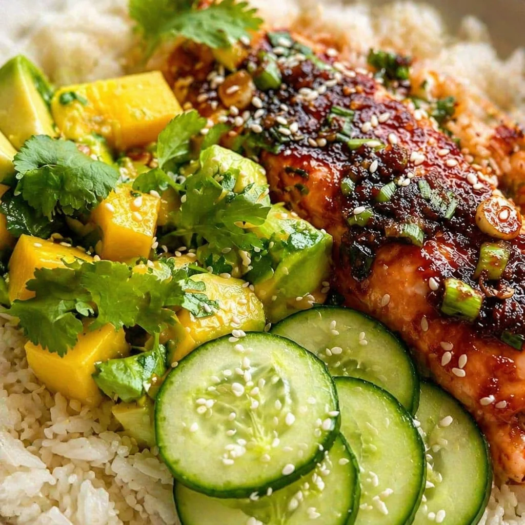 Teriyaki Salmon and Mango Avocado Rice Stack with vibrant ingredients