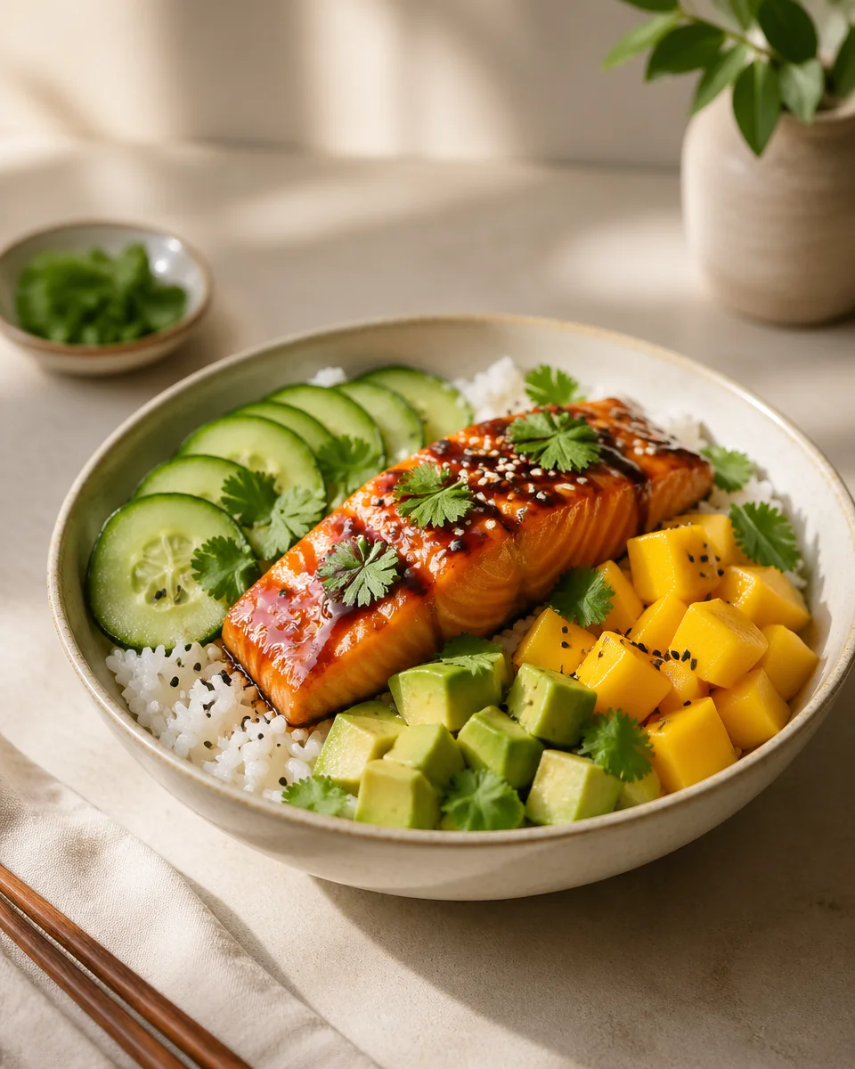 Teriyaki Salmon and Mango Avocado Rice Stack