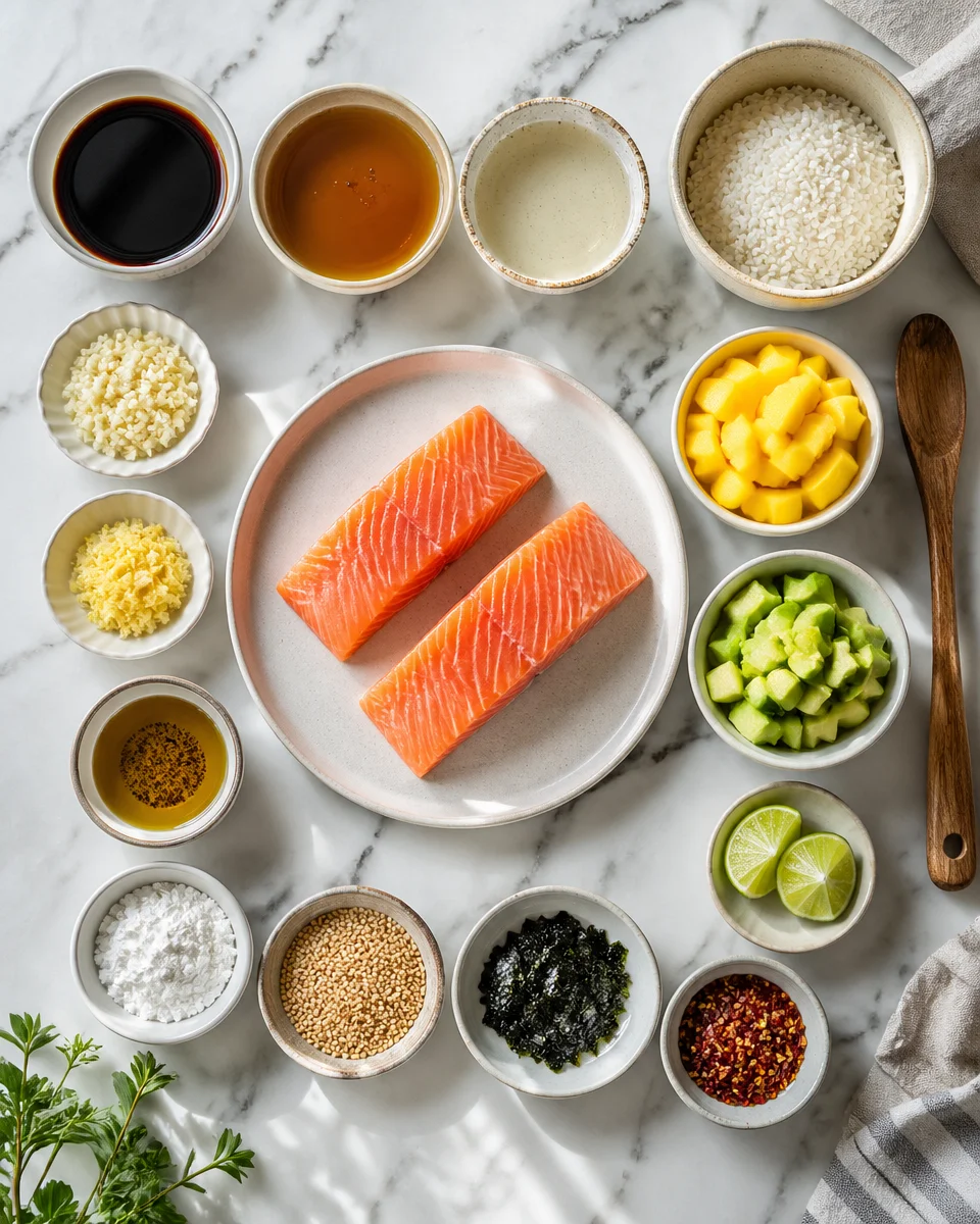 Teriyaki Salmon and Mango Avocado Rice Stack