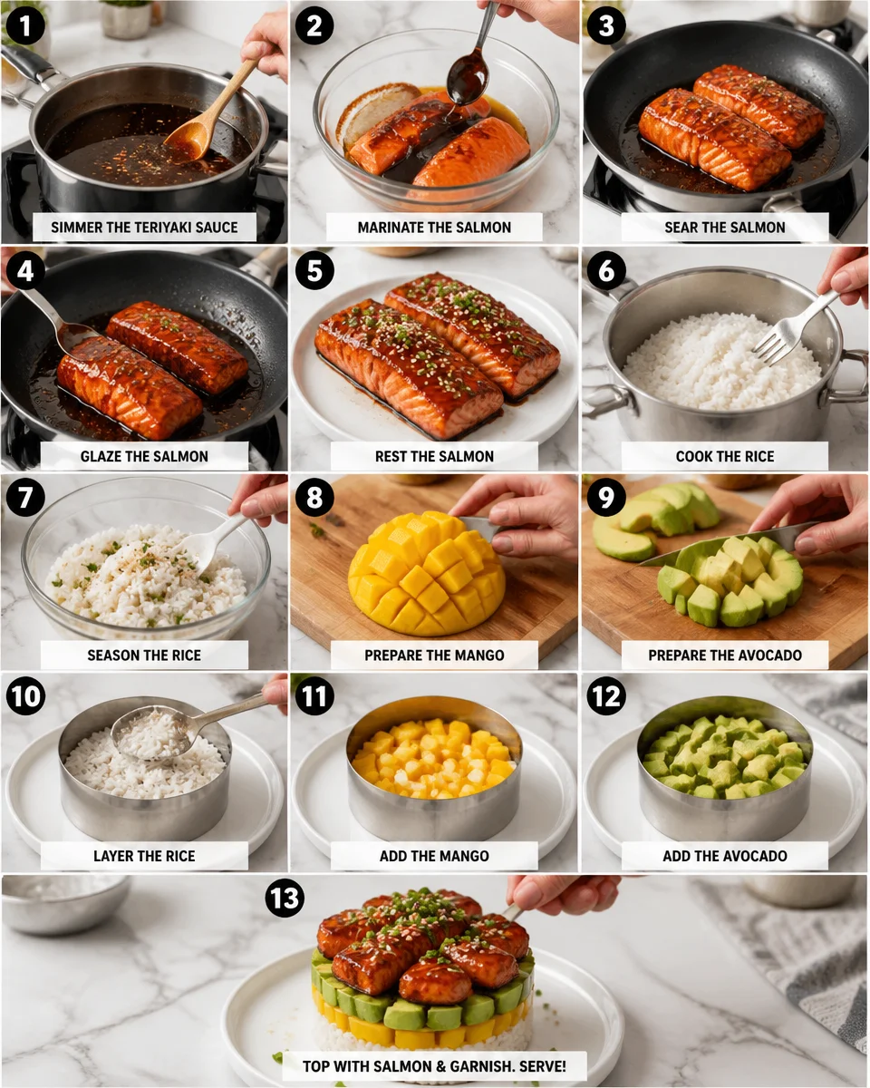 Teriyaki Salmon and Mango Avocado Rice Stack