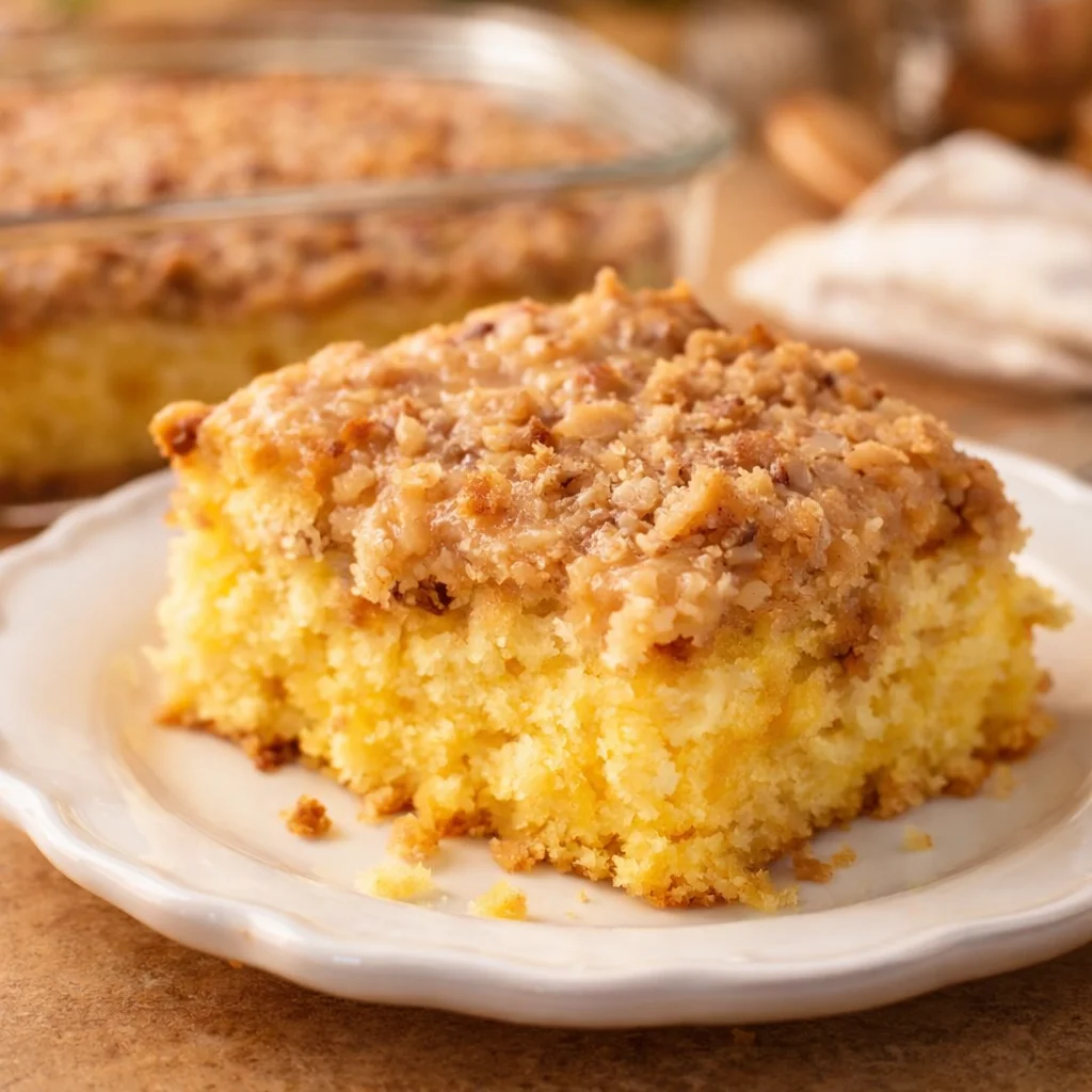 Tornado Cake topped with coconut pecan frosting and garnished with pineapple.