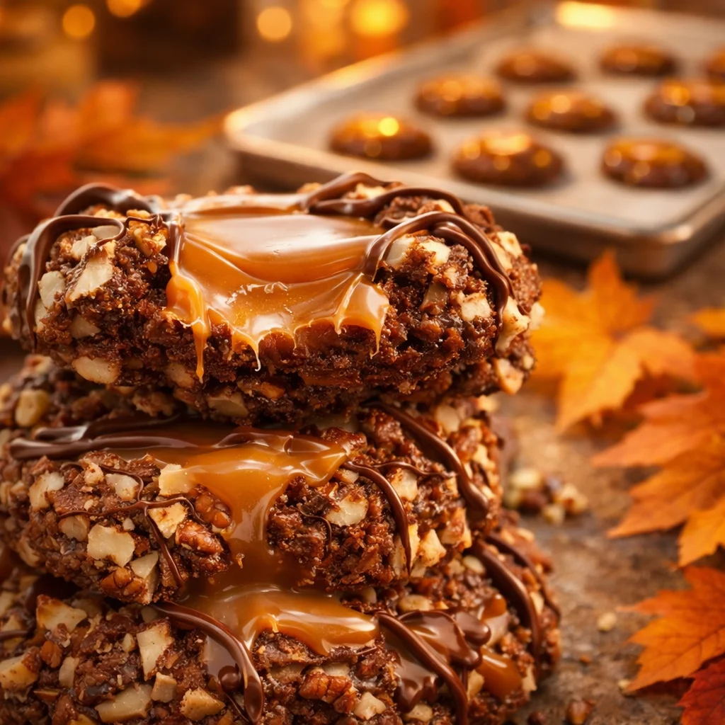 Decadent Turtle Cookies with chocolate, caramel, and pecans, freshly baked.