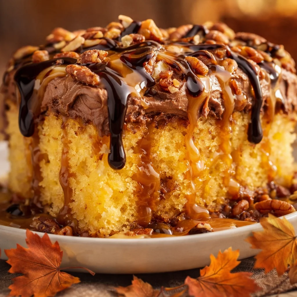 Delicious Turtle Poke Cake with chocolate, caramel, pecans, and whipped topping.