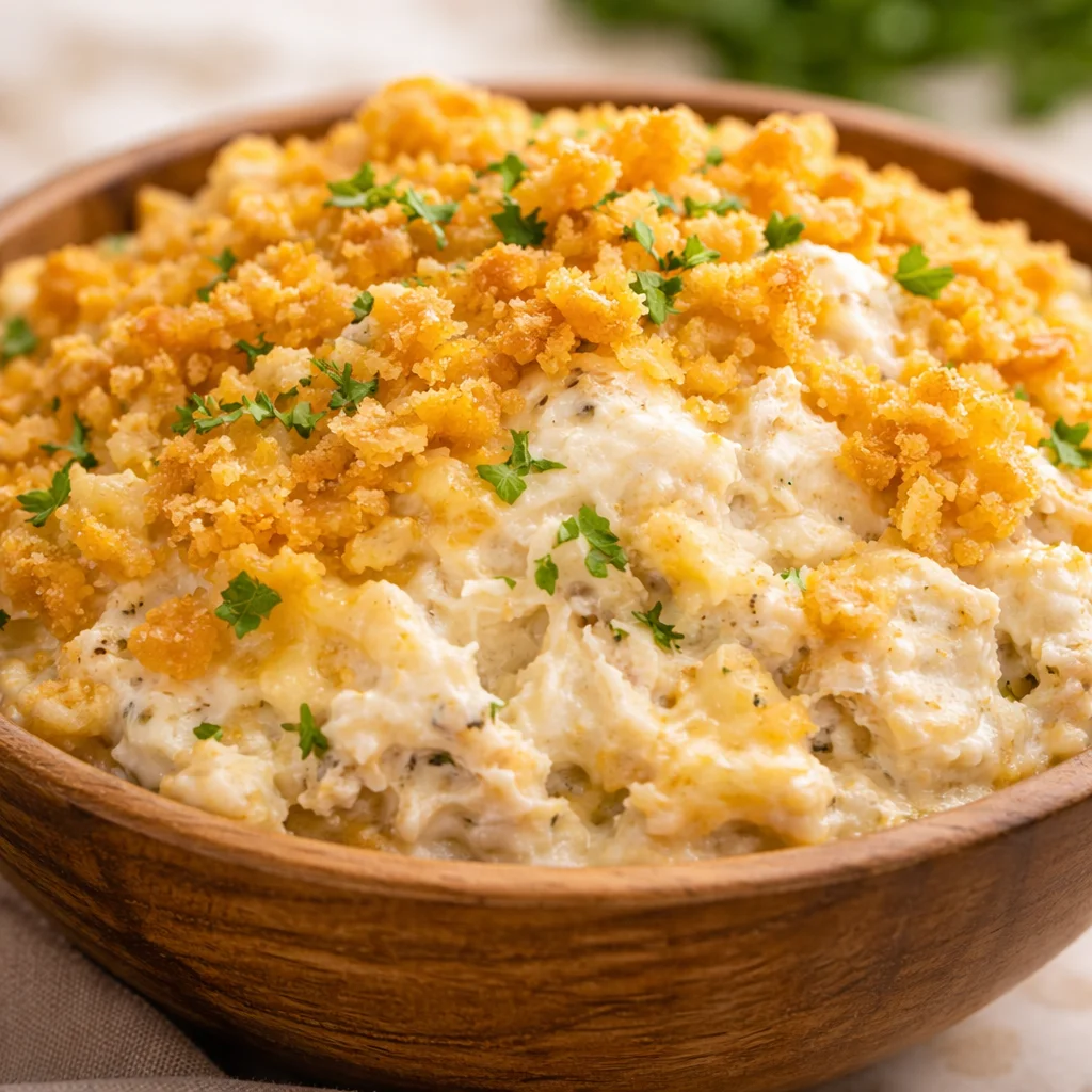 Ultimate Chicken Casserole with creamy sauce and crispy onion topping
