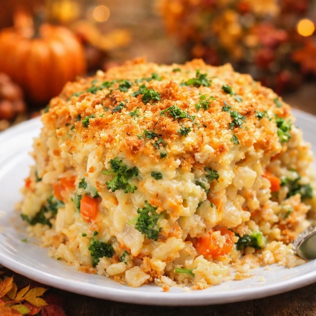 Creamy Vegetable Casserole with mixed veggies and melted cheese in a baking dish.