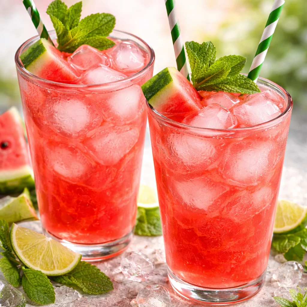 Refreshing Watermelon Cocktail with mint and lime garnished in a glass.