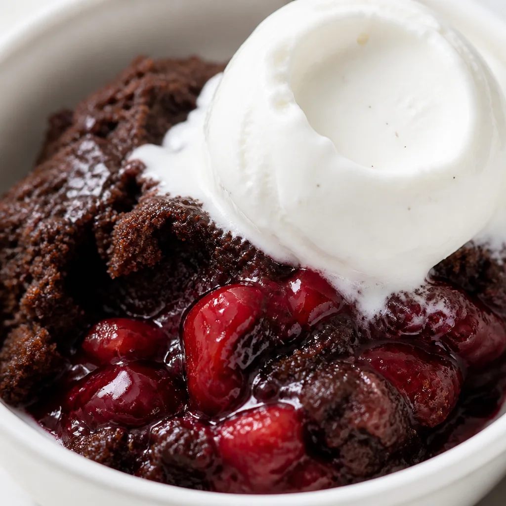 3-Ingredient Chocolate Dump Cake topped with cherries and served warm.