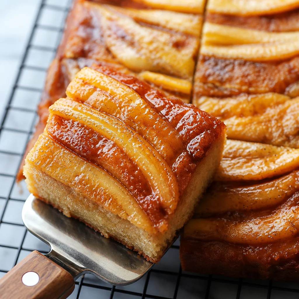 Delicious slice of Banana Foster Upside Down Cake with caramelized bananas and pecans.