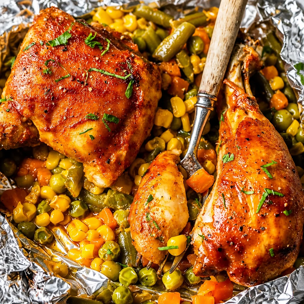 BBQ Chicken and Potato Foil Packets cooked with cheese and herbs in aluminum foil.