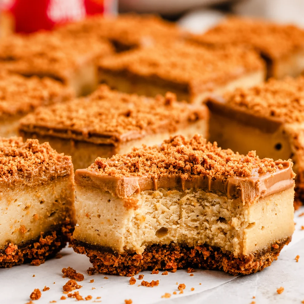 Delicious Biscoff Lotus Cookie Butter Cheesecake Bars on a plate.