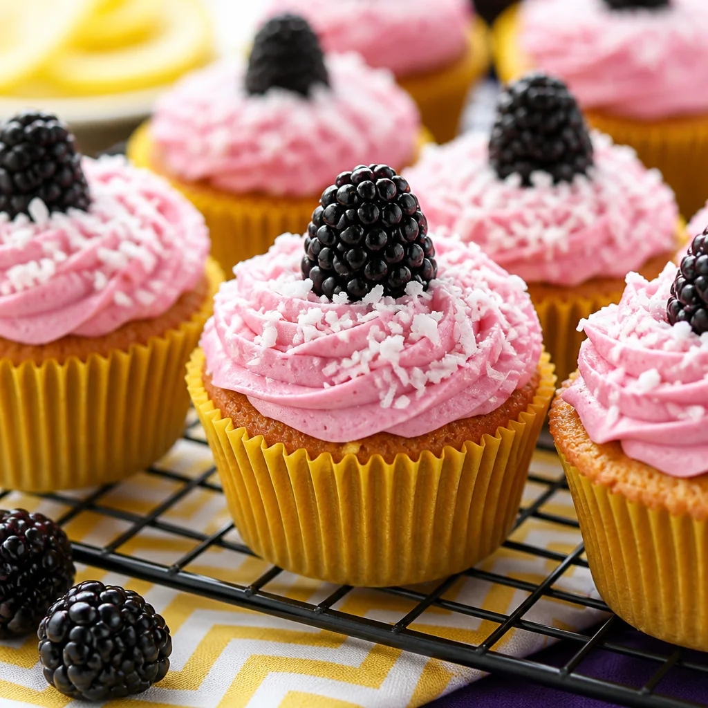 Blackberry Lime Heaven Cupcakes topped with lime buttercream and blackberry coulis.