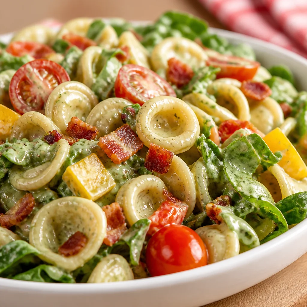Delicious BLT Pasta Salad with Avocado Ranch Dressing, crispy bacon, and fresh tomatoes.