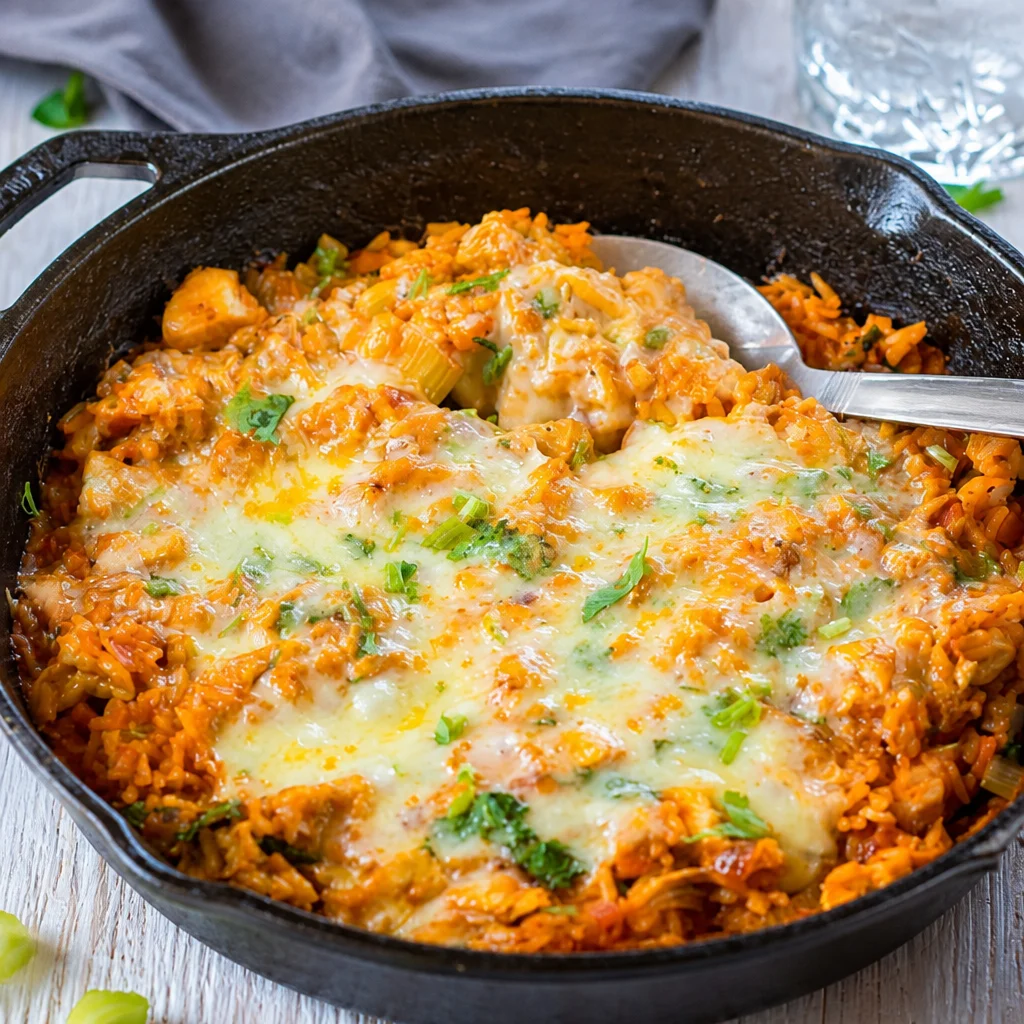 Cheesy Buffalo Chicken and Rice Casserole topped with melted cheese and spicy buffalo sauce.