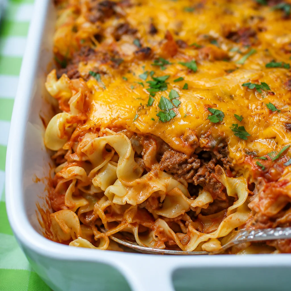 Cheesy Ground Beef Noodle Casserole with egg noodles, seasoned beef, and cheese topping.