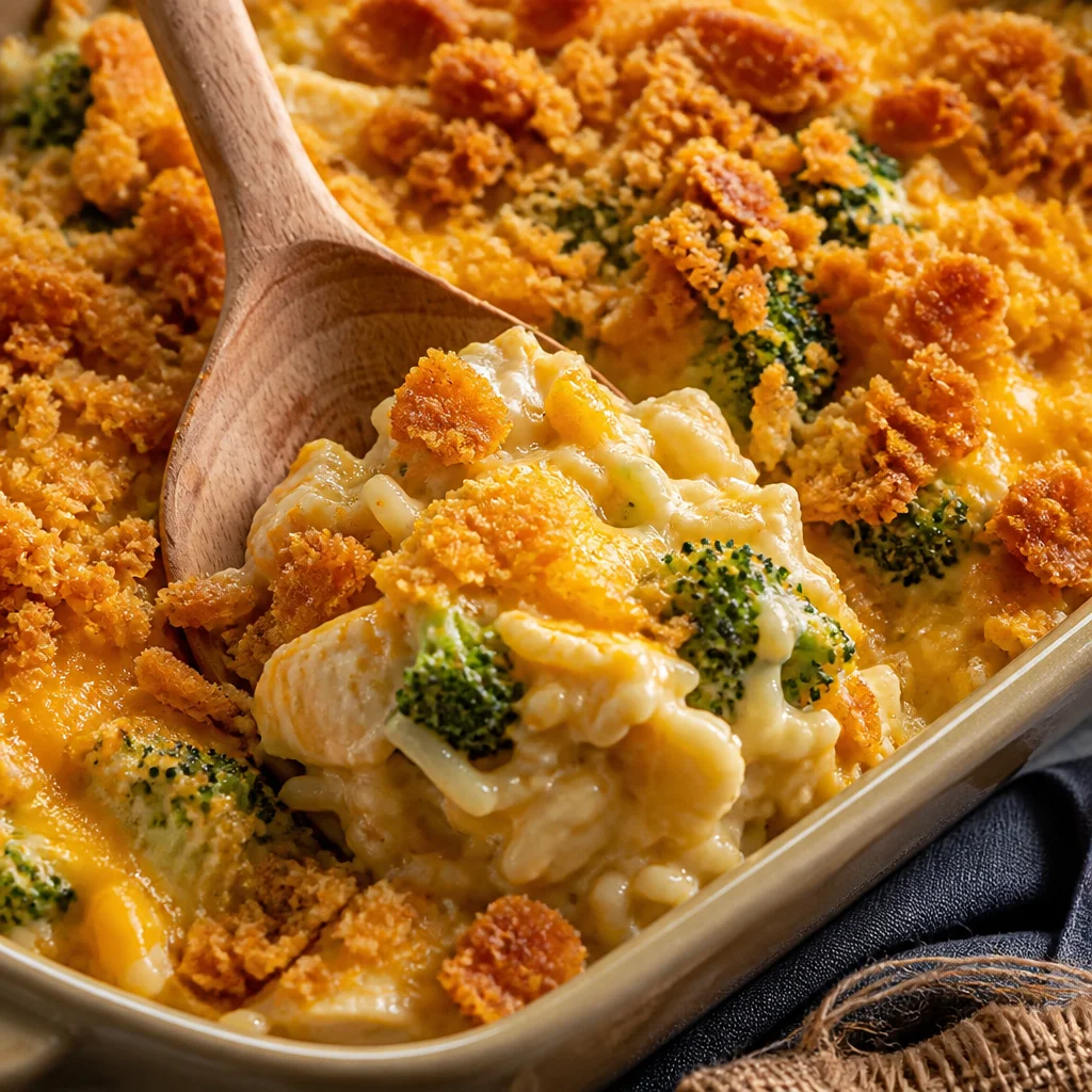 Creamy Chicken Broccoli Rice Casserole with Cream of Chicken in a baking dish