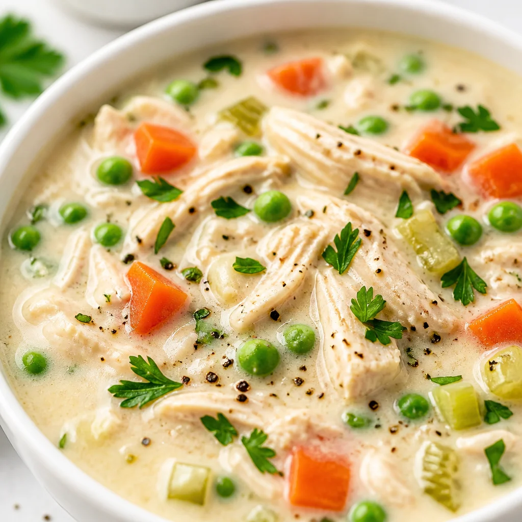 Creamy Chicken Pot Pie Soup with Biscuit Topping, featuring flaky golden biscuits.
