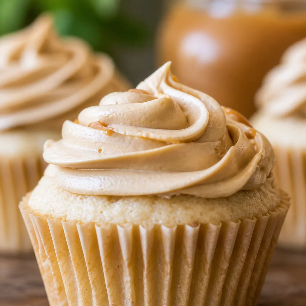 Cinnamon Apple Heaven Cupcakes topped with caramel frosting and apple slices.