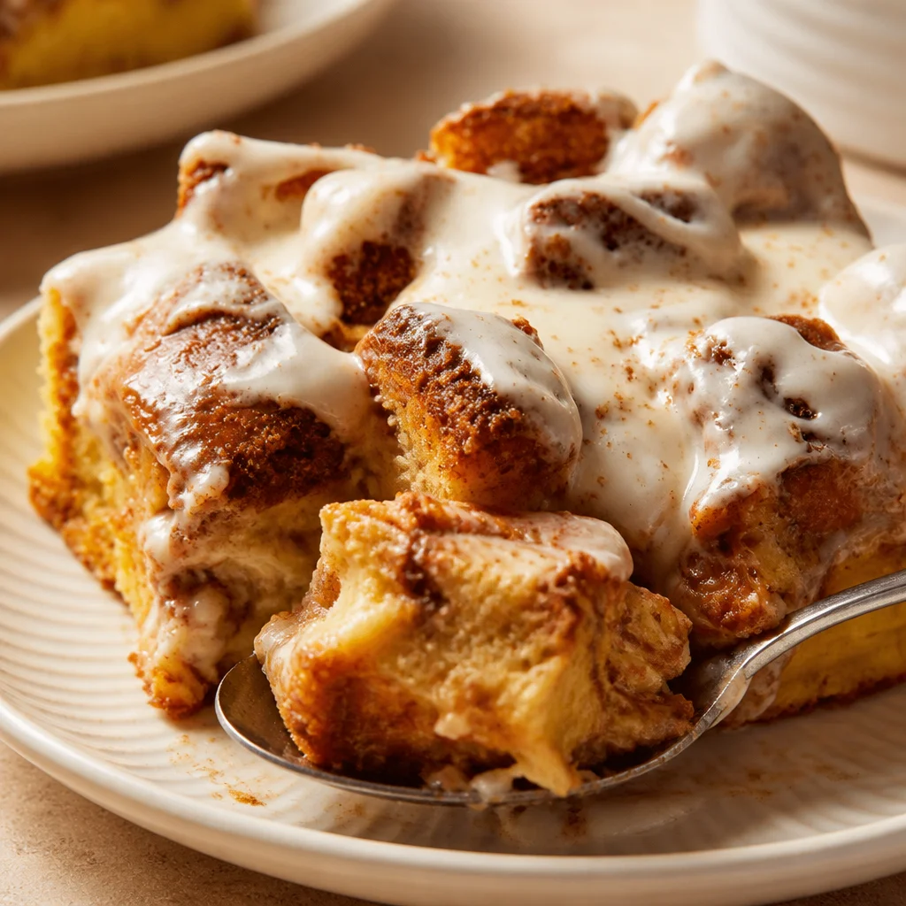 Deliciously baked Cinnamon Roll French Toast Casserole topped with icing.