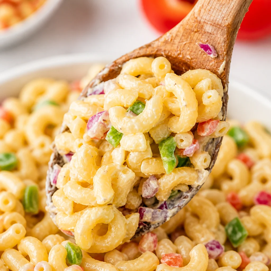 Classic Macaroni Salad with Creamy Dressing featuring pasta and colorful vegetables