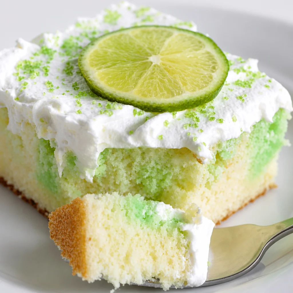 Coconut Lime Poke Cake with Whipped Cream, topped with toasted coconut and lime zest.
