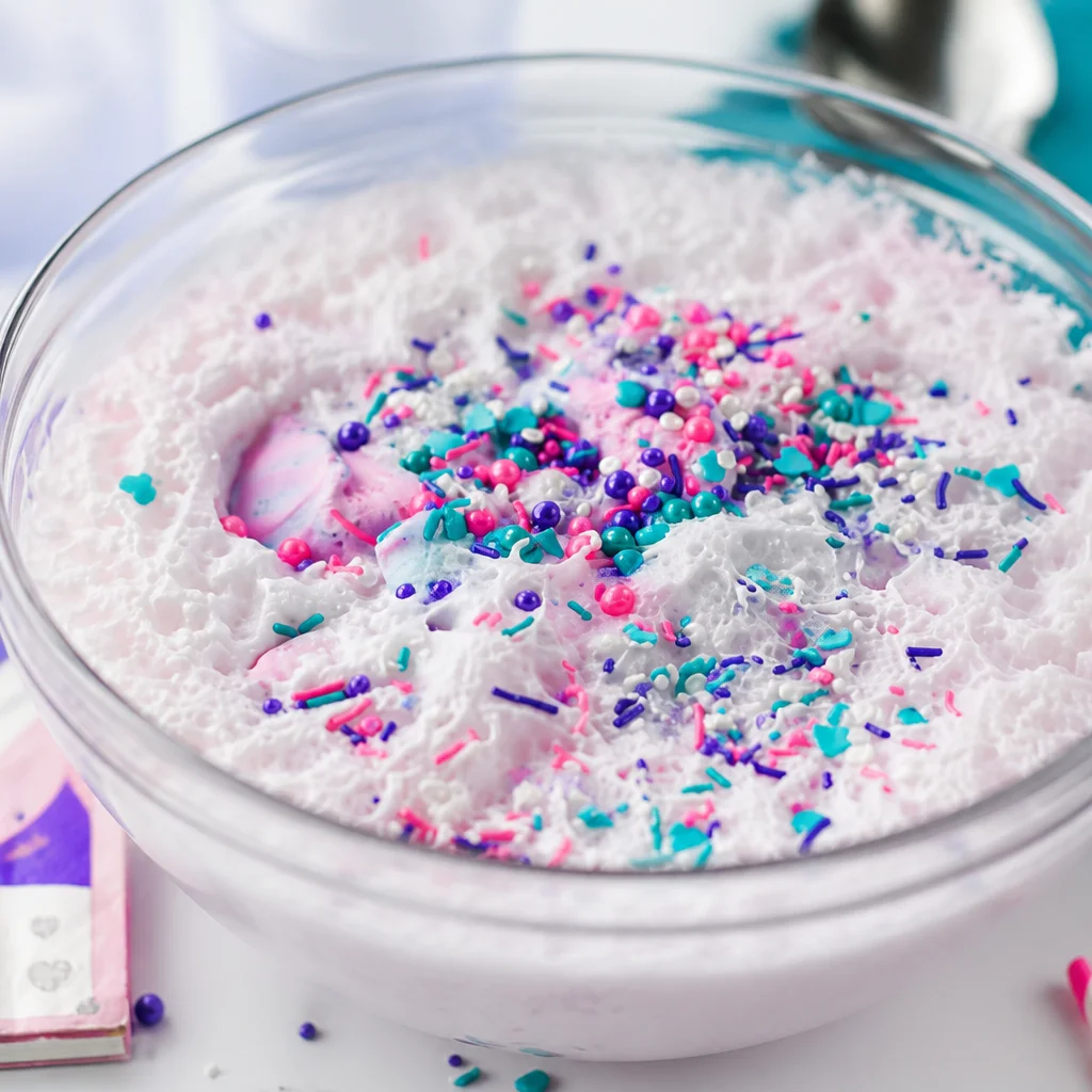 Colorful Cotton Candy Punch with Sherbet served at a festive party.