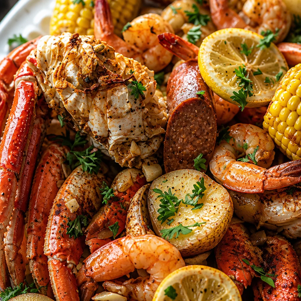 Delicious Crab Legs and Shrimp Butter Foil Packets topped with garlic and Cajun spices.