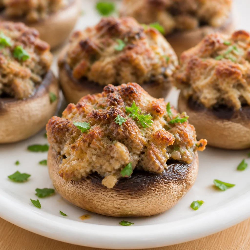 Delicious Cream Cheese Sausage Stuffed Mushrooms ready to serve as an appetizer.