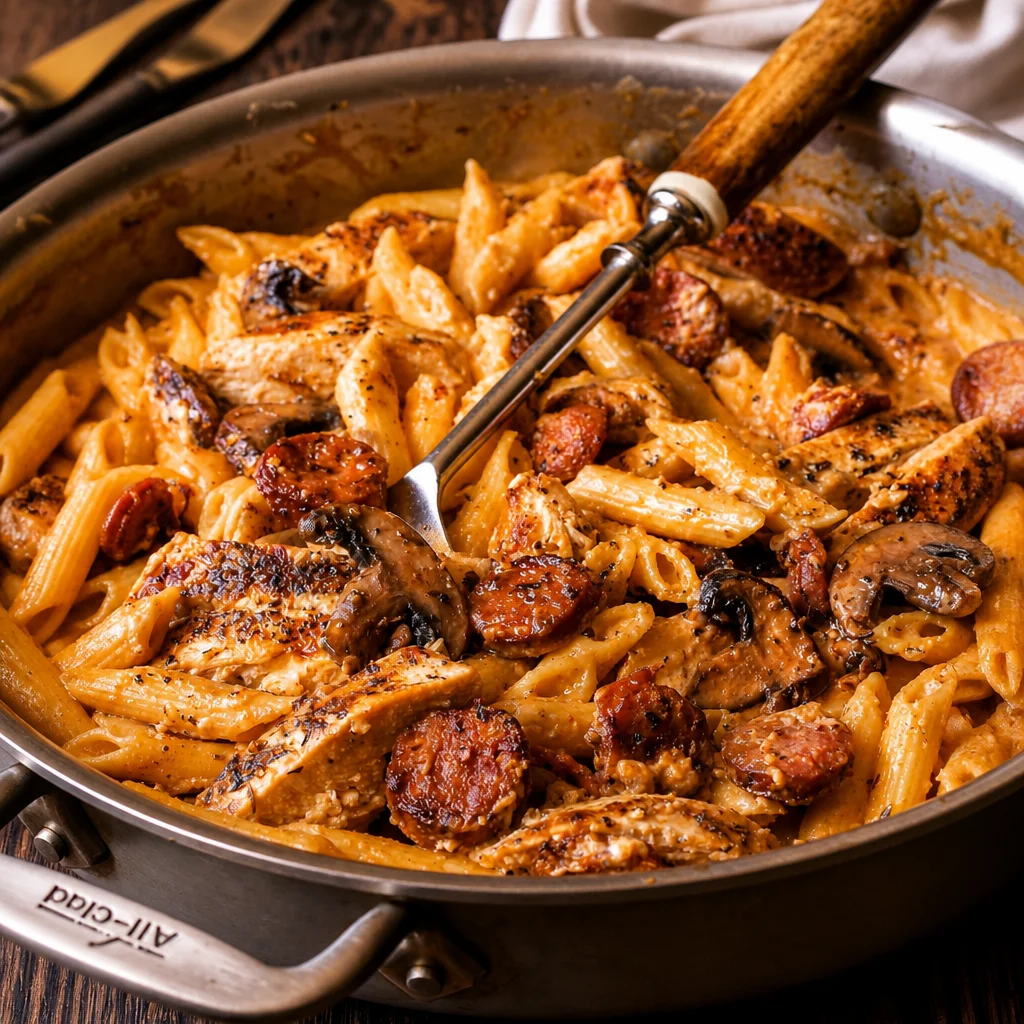Creamy Cajun Chicken and Sausage Pasta Bake with vibrant vegetables and rich sauce
