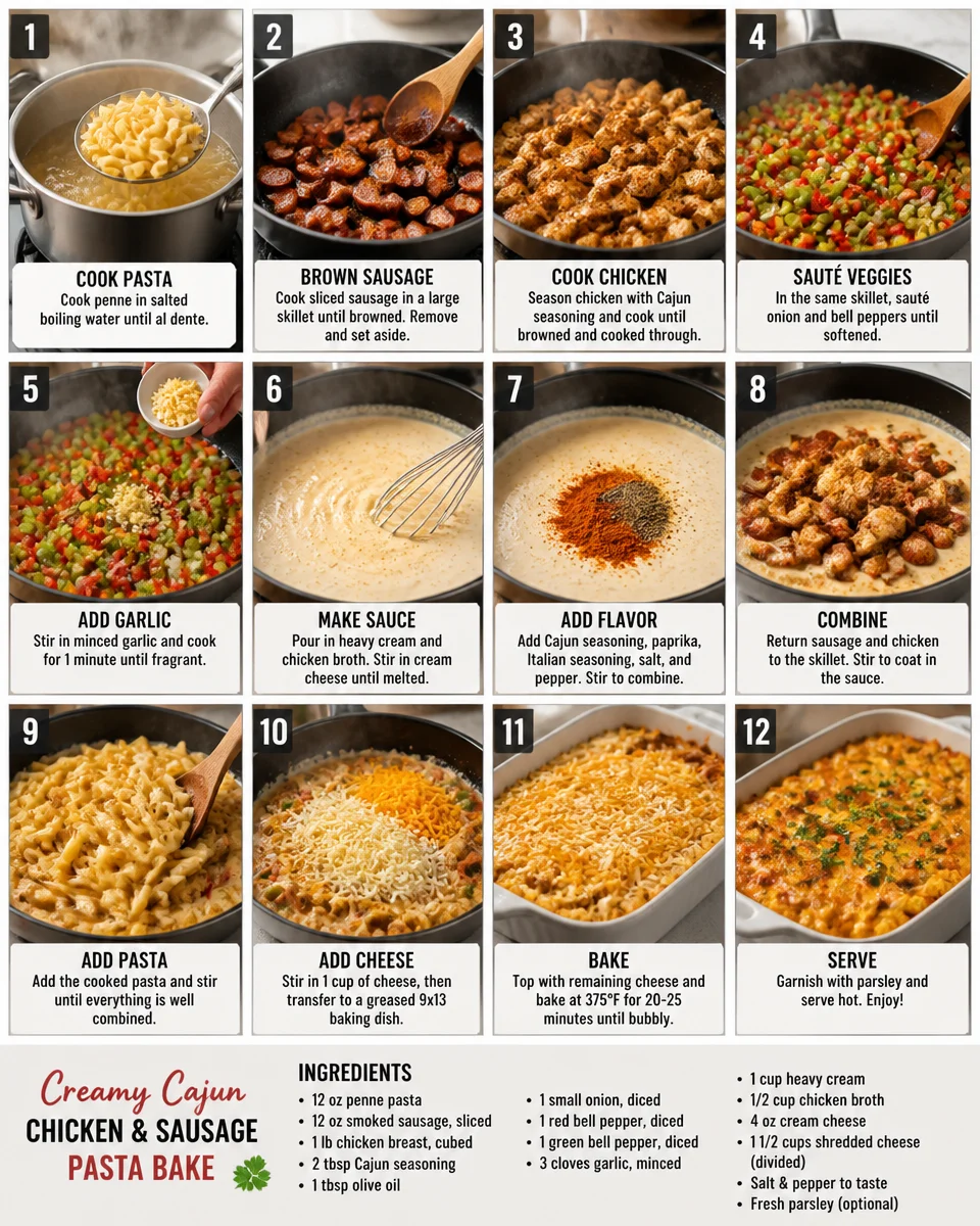 Creamy Cajun Chicken and Sausage Pasta Bake