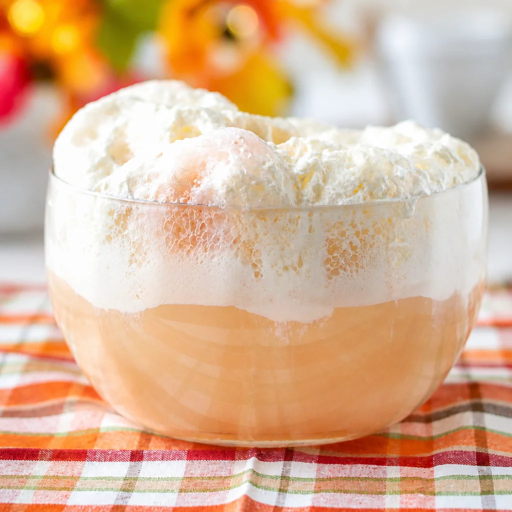 Creamy Orange Dreamsicle Punch with ice cream and bubbly soda in a punch bowl.