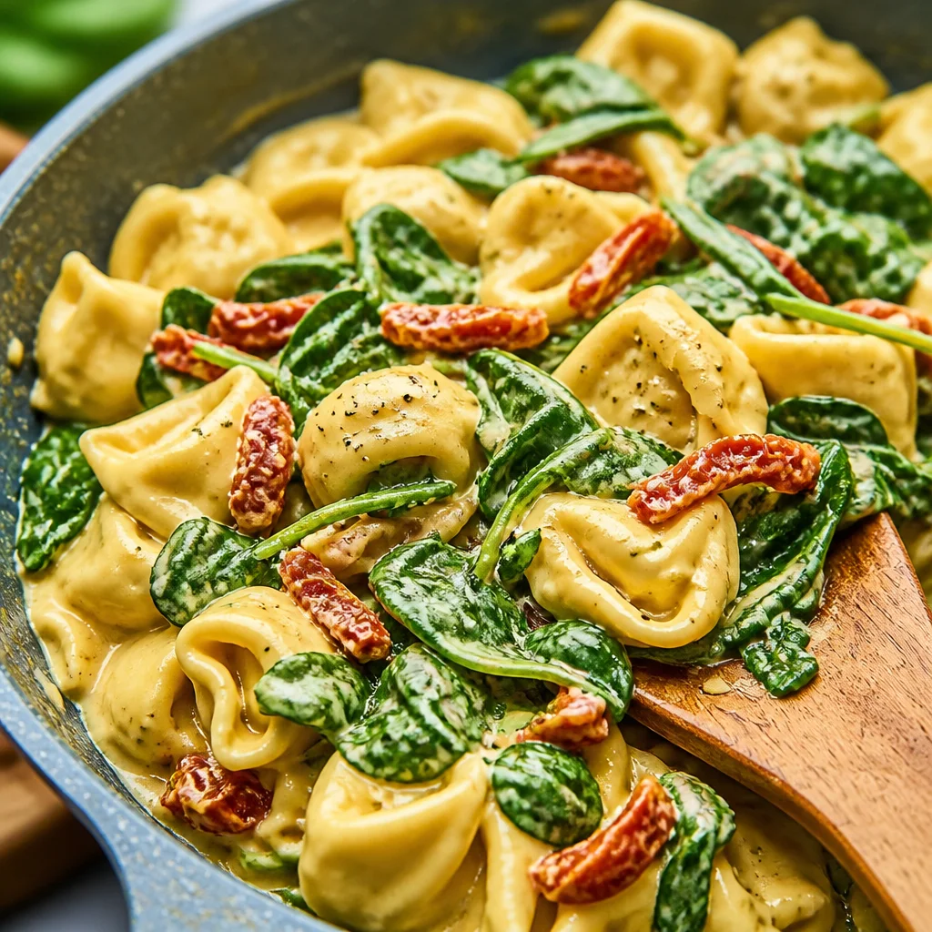 Creamy Sun-Dried Tomato and Spinach Tortellini served in a garlic-Parmesan sauce