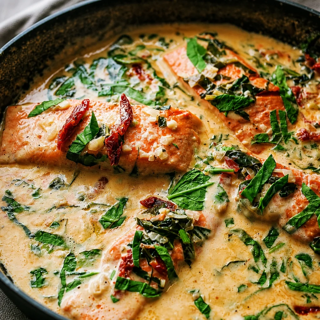 Creamy Tuscan Salmon with Sun-Dried Tomatoes and Spinach in a rich garlic sauce.